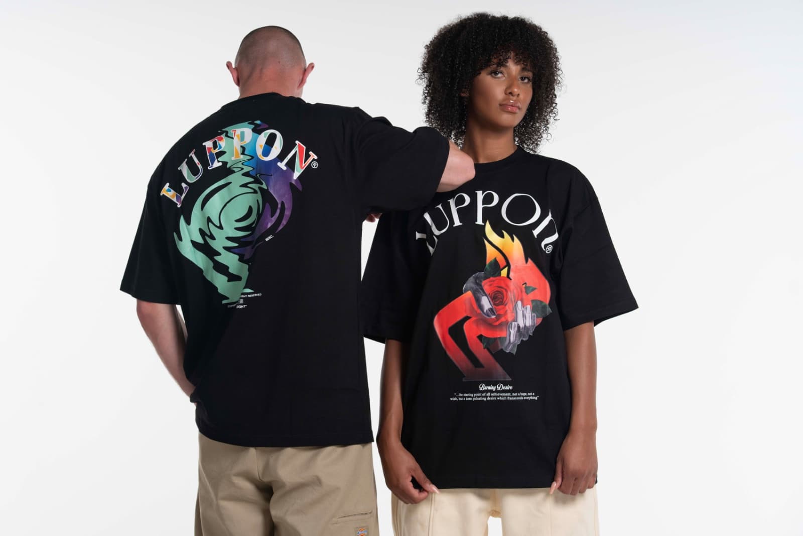 Two people wearing tees with full colour printed graphics