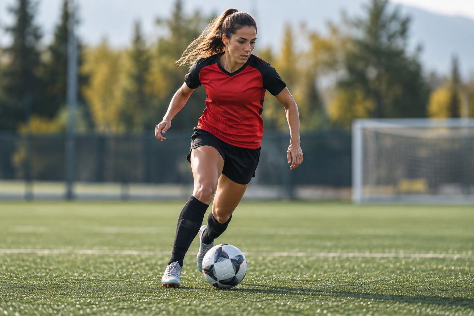 Soccer player in a red and black jersey dribbling a football