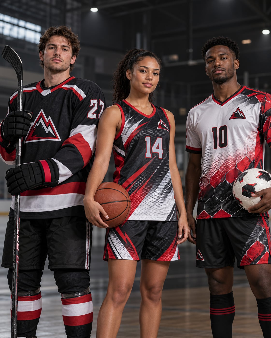 Hockey, basketball and soccer players wearing fully sublimated red, black and white jerseys