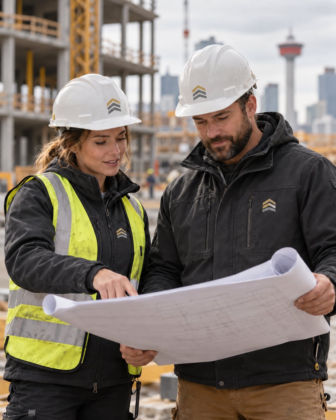 Construction workers wearing branded jackets and hard hats